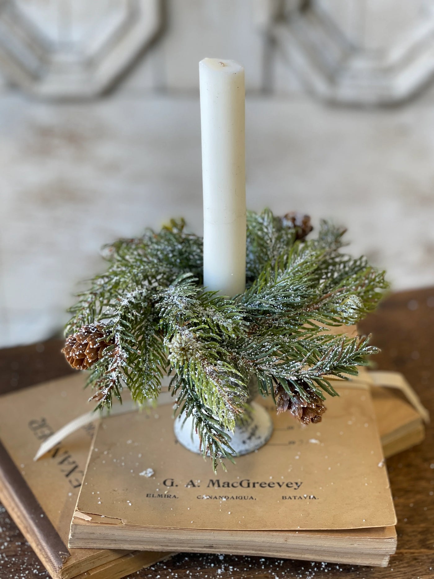 Frosted White Spruce Taper Candle Ring