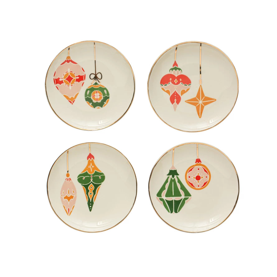 Set of 4 Holiday Ornament Design Plates with Gold Trim