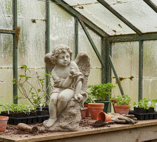 21.5" Weathered Angel Holding Bird Garden Statue