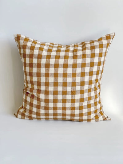 20" French Linen Pillow Cover - Toffee Gingham