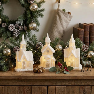 LED Glittered Frosted Glass Houses with Snow & Timers - Choose Style