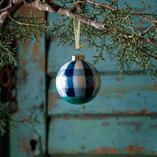 3" Blue Light Blue and Green and White Plaid Hand Painted Glass Ball Ornament