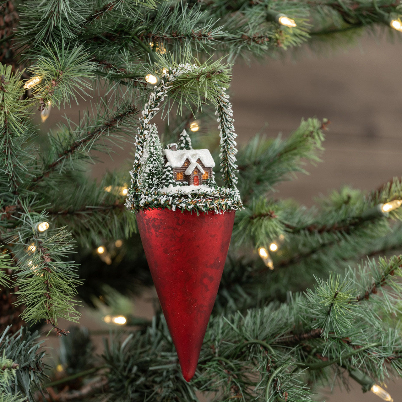 Mercury Glass Cone with Cozy Cabin Ornament