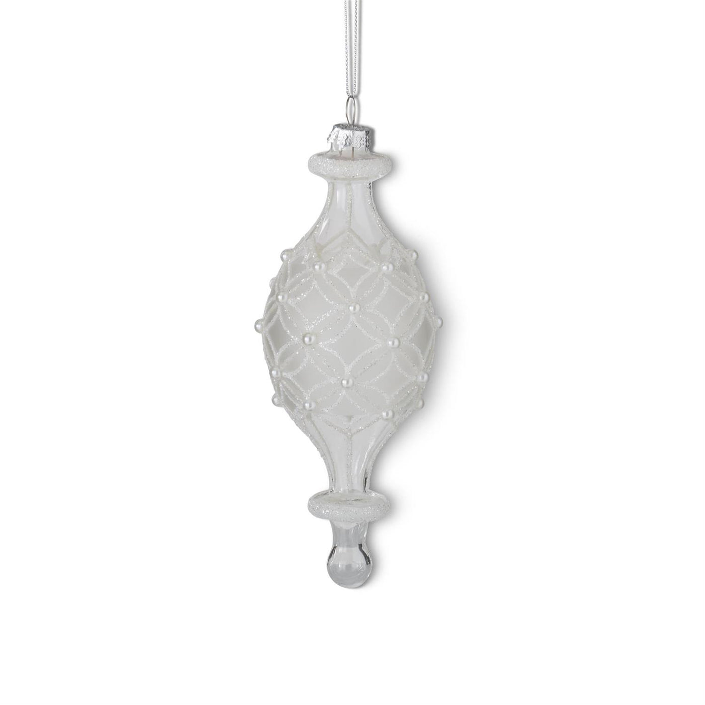 7.75 Inch Frosted Clear Glass Diamond Painted White Beaded Finial Ornament