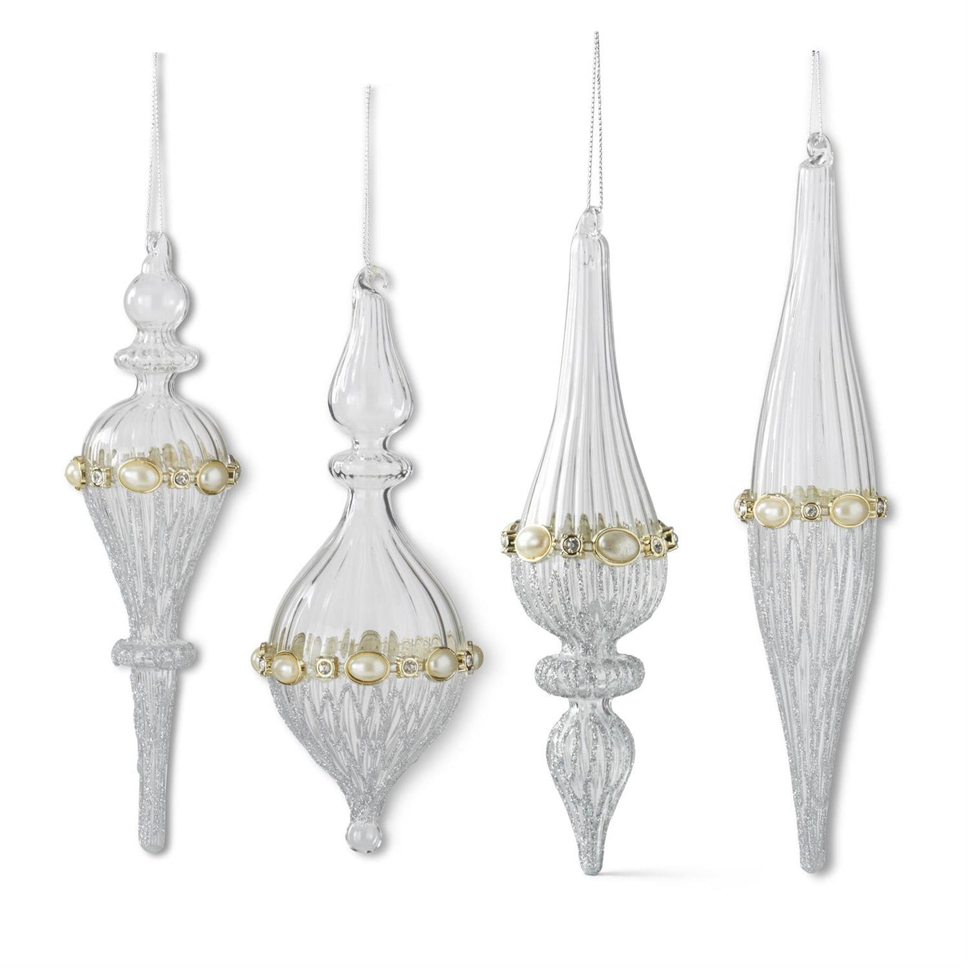 Ribbed Clear Glass & Silver Glitter Ornament with Rhinestone and Pearls - Choose Style