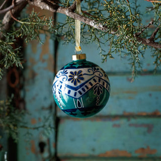 Blue Green and White Hand Painted Gold Edged Floral Porcelain Heirloom Glass Ornament