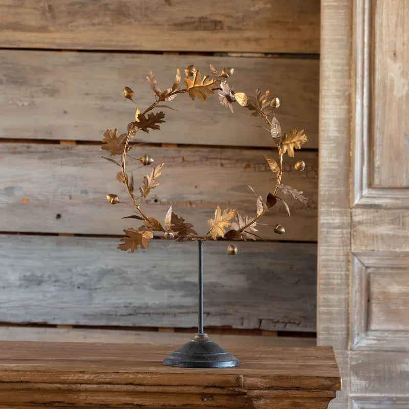 French Wire Gold Acorn and Leaf Wreath on Stand