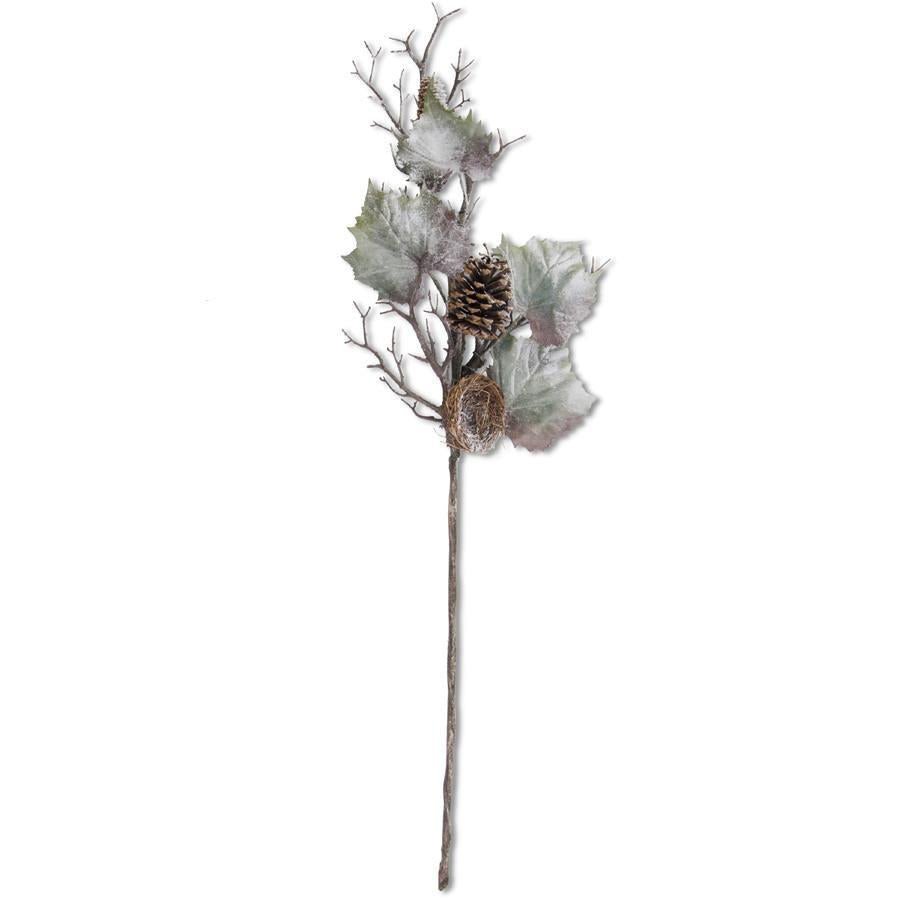 40" Snowy Grapevine Stem with Bird Nest & Pinecones