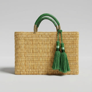 Woven Reed Market Basket with Leather Handles & Tassels