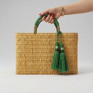 Woven Reed Market Basket with Leather Handles & Tassels