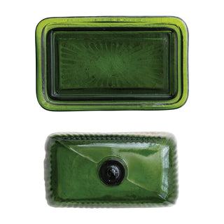 Pressed Ribbed Green Glass Butter Dish