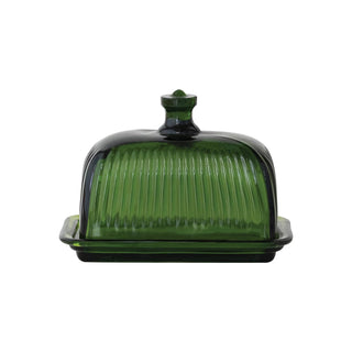 Pressed Ribbed Green Glass Butter Dish