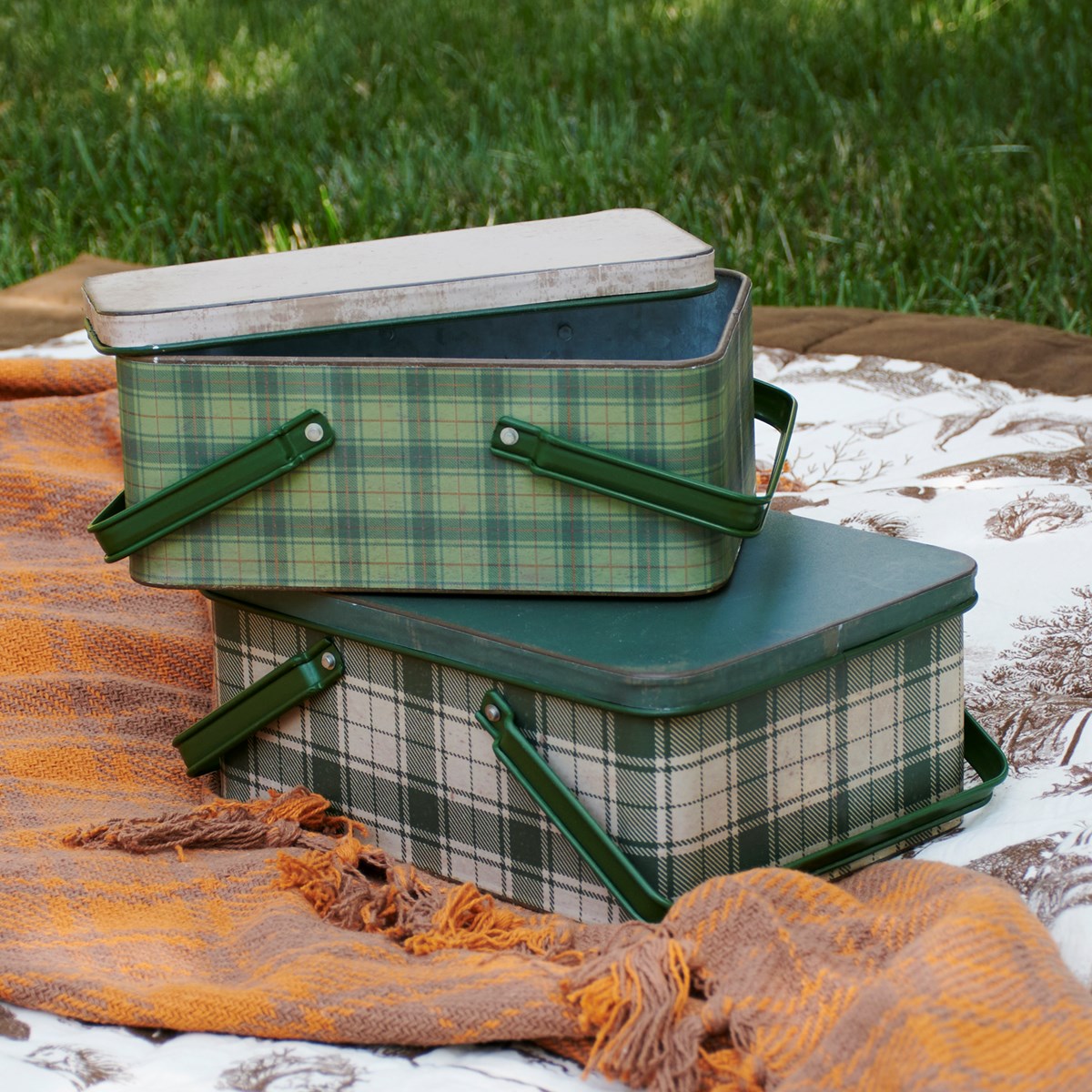 Distressed Green Tartan Bin Set - Choose Sizw