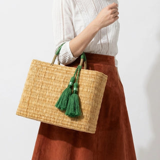 Woven Reed Market Basket with Leather Handles & Tassels