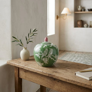 Hand Painted Stoneware Ginger Jar with Birds, Fruit and Flowers