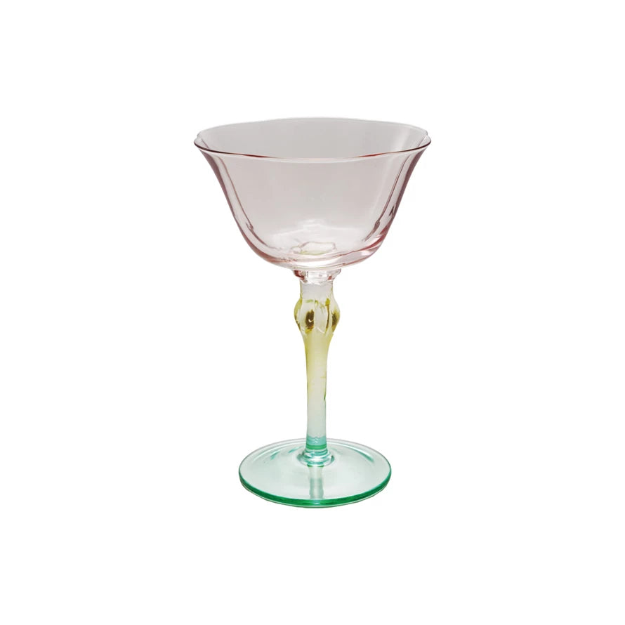 Hand-Blown Stemmed Wine Glass, Pink, Yellow & Green Glass