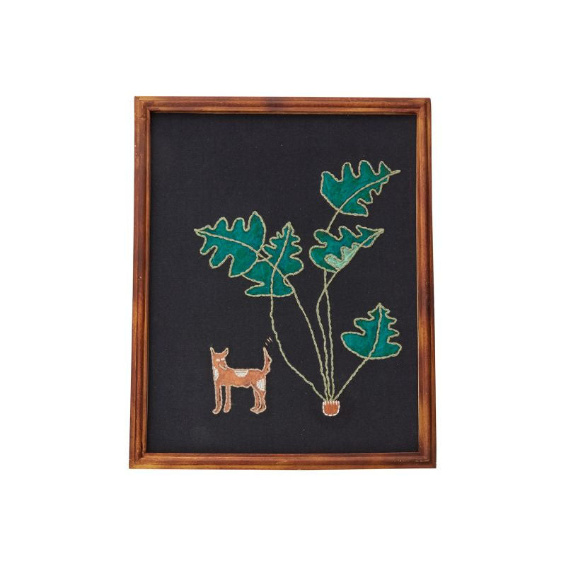 Primitive Style Happy Dog Embroidered Wall Art