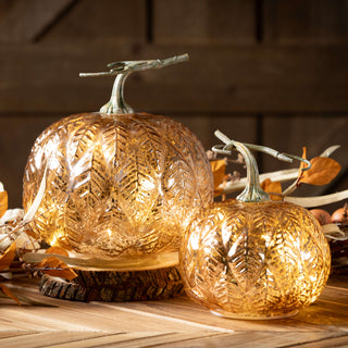 Lighted Gold Leaf Pattern Pumpkin - Choose Size