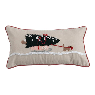 20" Holiday Embroidered Lumbar Pillow - Dog Pulling Sleigh