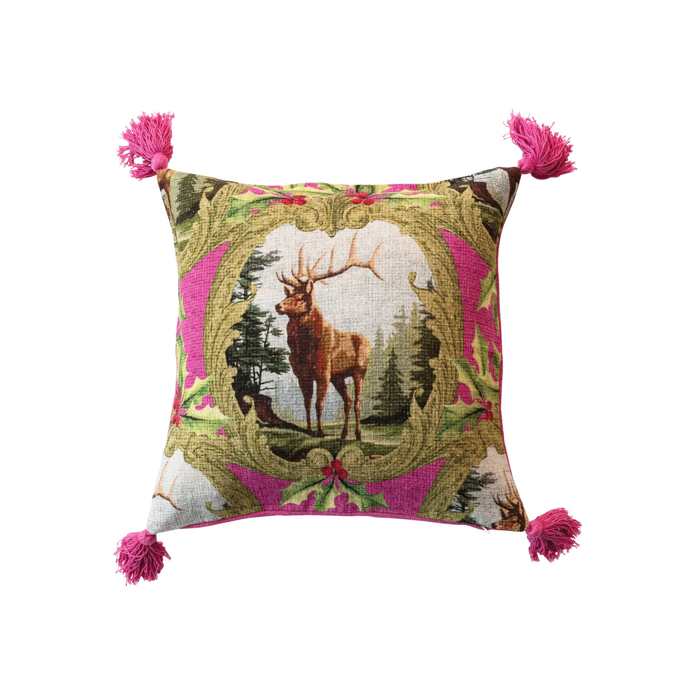 20" Linen Pillow with Deer and Holly and Pink Tassels