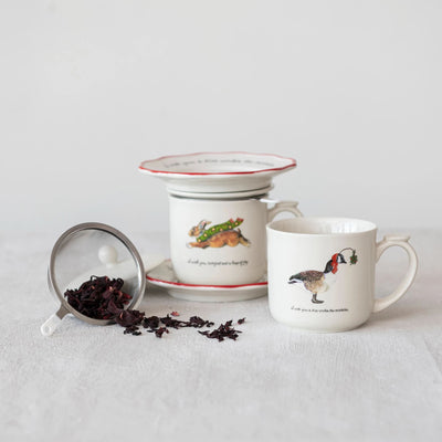 Holiday Stoneware Mug & Saucer w/ Strainer - Choose Style Goose or Rabbit