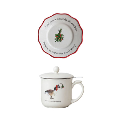 Holiday Stoneware Mug & Saucer w/ Strainer - Choose Style Goose or Rabbit