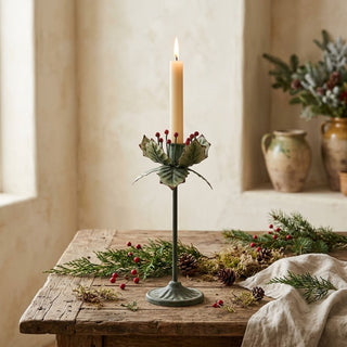 Painted Metal Holly Leaf Taper Holder