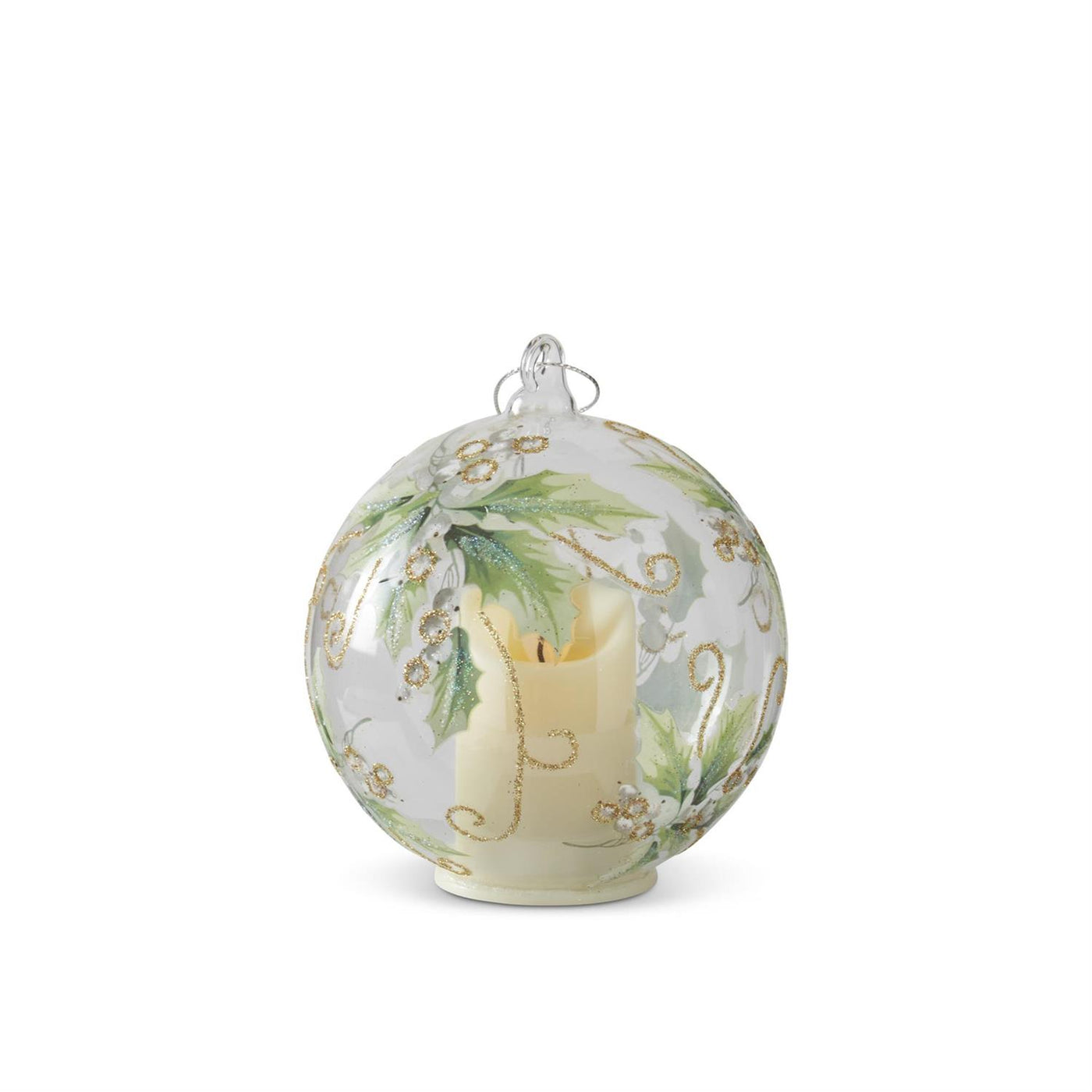 LED Holly and White Berries Clear Glass Ornament with Timer