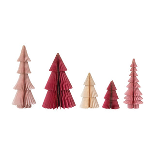 Set of 5 Folding Honeycomb Trees with Gold Glitter Edges - Red, Pinks and Cream