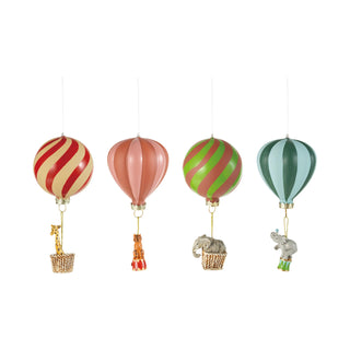Hand-Painted Glass Striped Hot Air Balloon Ornament with Hanging Carnival Animal - Choose Style
