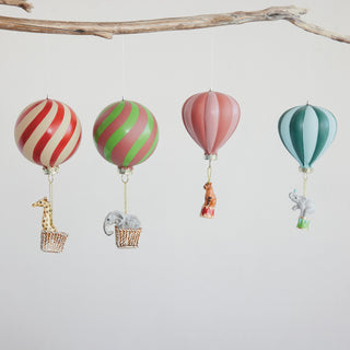 Hand-Painted Glass Striped Hot Air Balloon Ornament with Hanging Carnival Animal - Choose Style