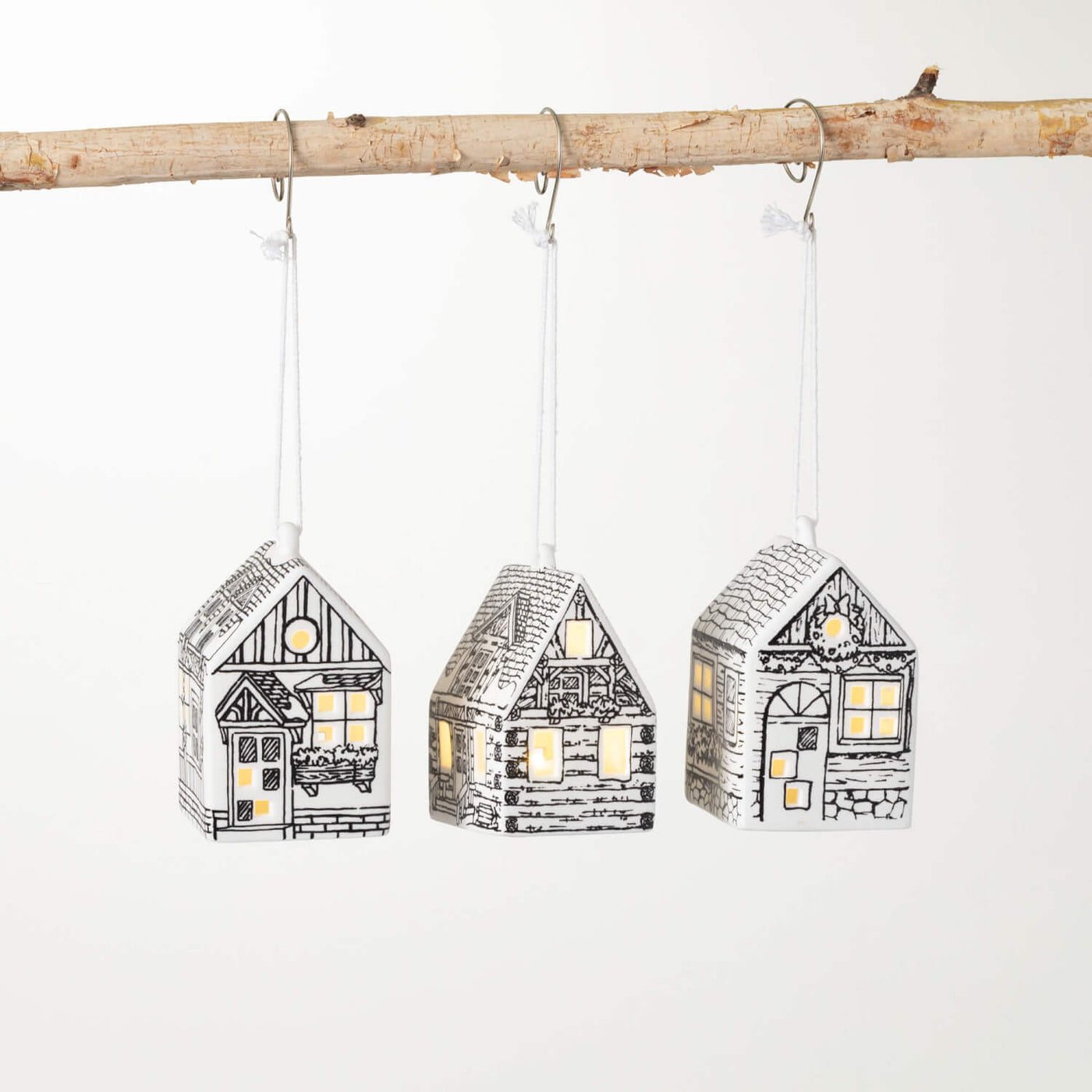 Set of 3 LED White Rustic Cabin Ornaments