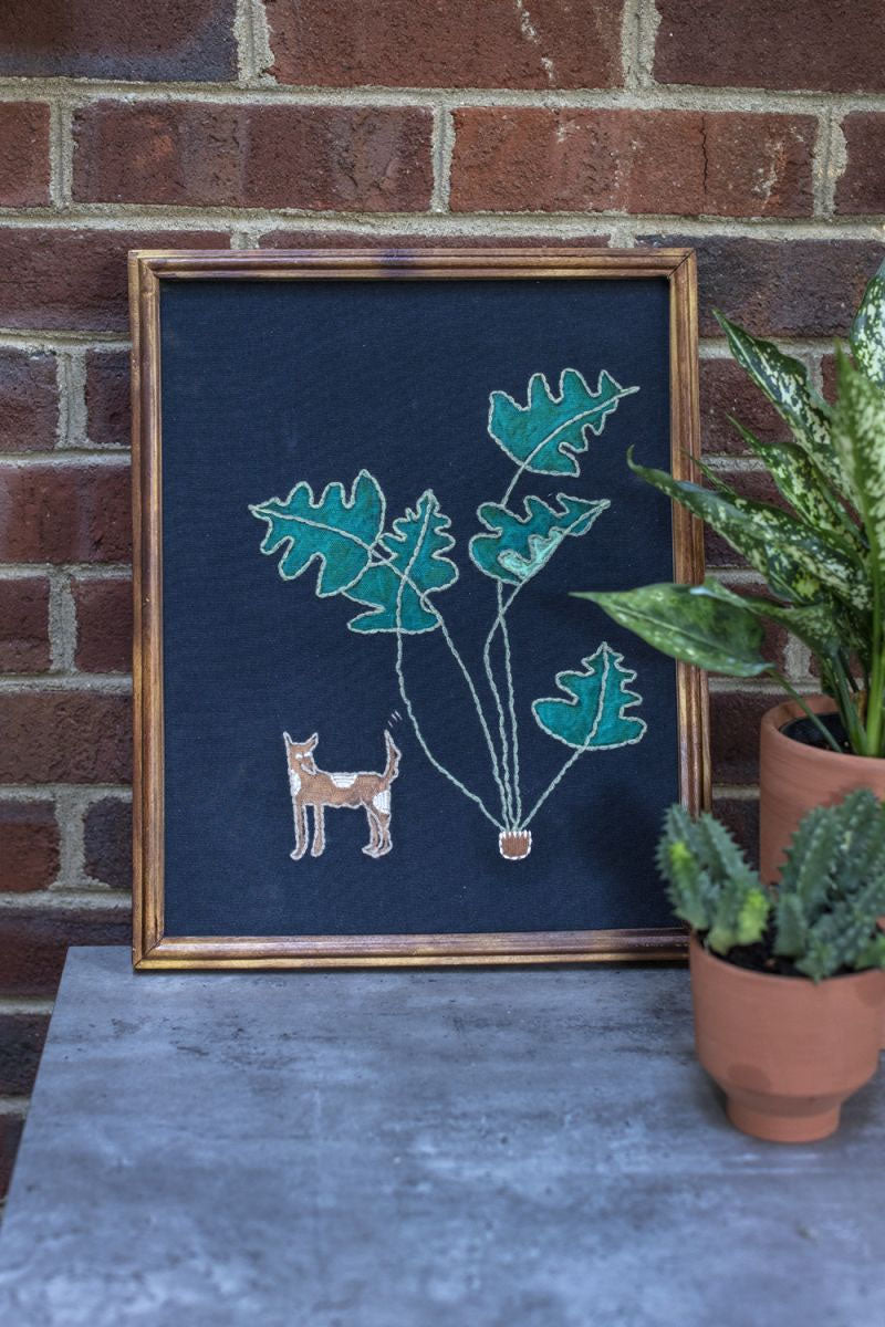 Primitive Style Happy Dog Embroidered Wall Art