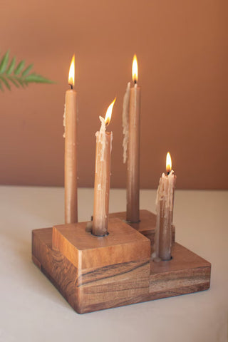 Large Glass Hurricane with a Four Taper Holder Wood Base