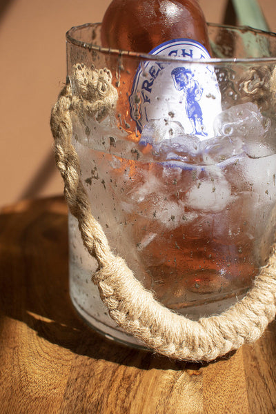 Seeded Glass Ice Bucket with Woven Handle