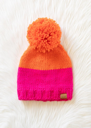 Orange and Pink Knit Pom Pom Hat