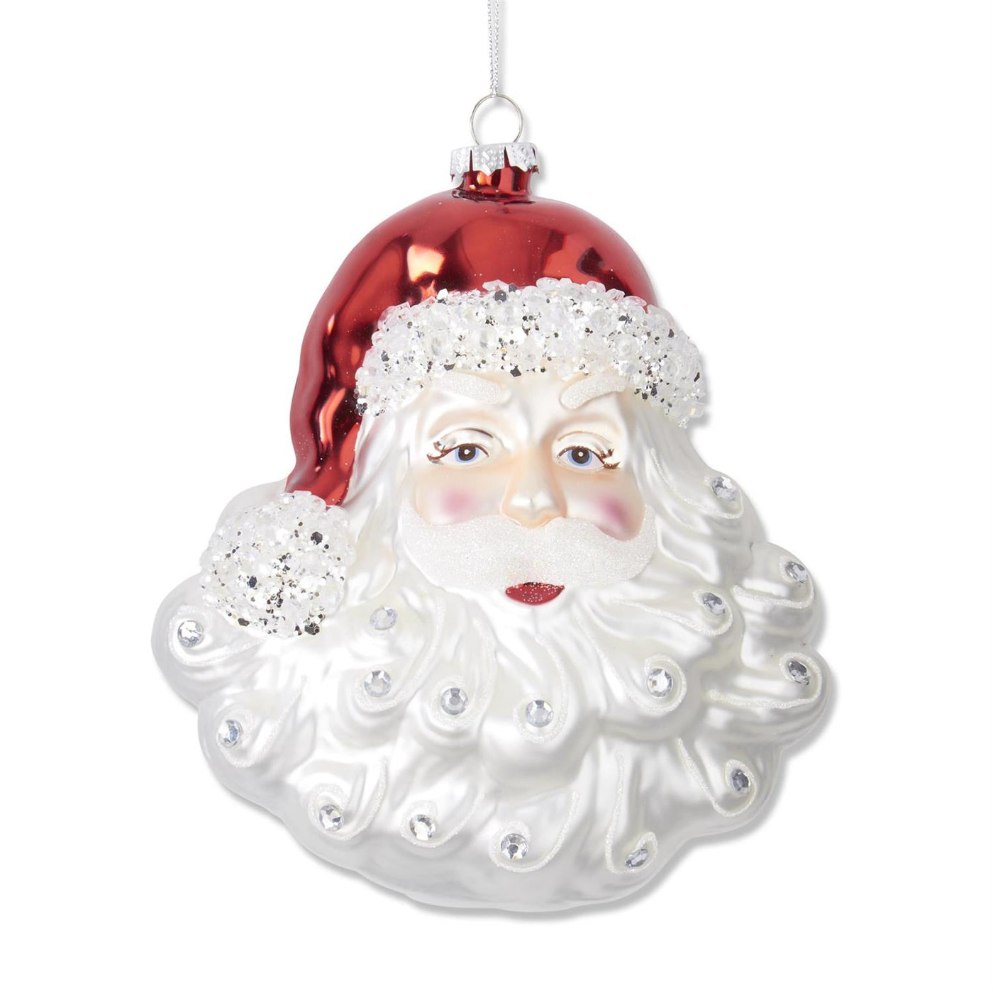 Glittered and Jeweled Blown Glass Santa Ornament