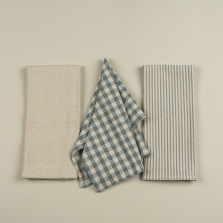 Set of 3 Kitchen Towels - Dusty Blue and Cream