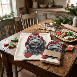 Labradoodle with Holiday Hat Flour Sack Tea Towel