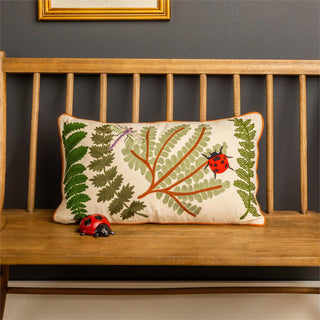 24" Embroidered Lumbar Pillow with Firefly, Lady Bug and Ferns