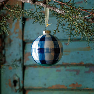 4" Blue Light Blue and Green and White Plaid Hand Painted Glass Ball Ornament