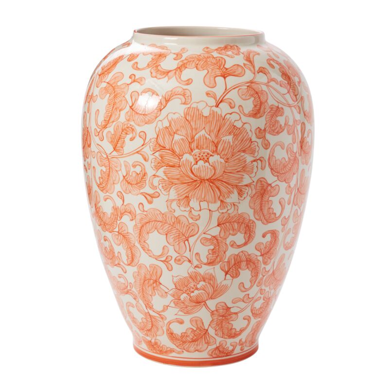 The Large Hand Painted Coral Chinoiserie Vase