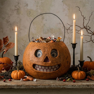 Vintage-Style Happy Jack-O-Lantern Candy Container with Handle - Large