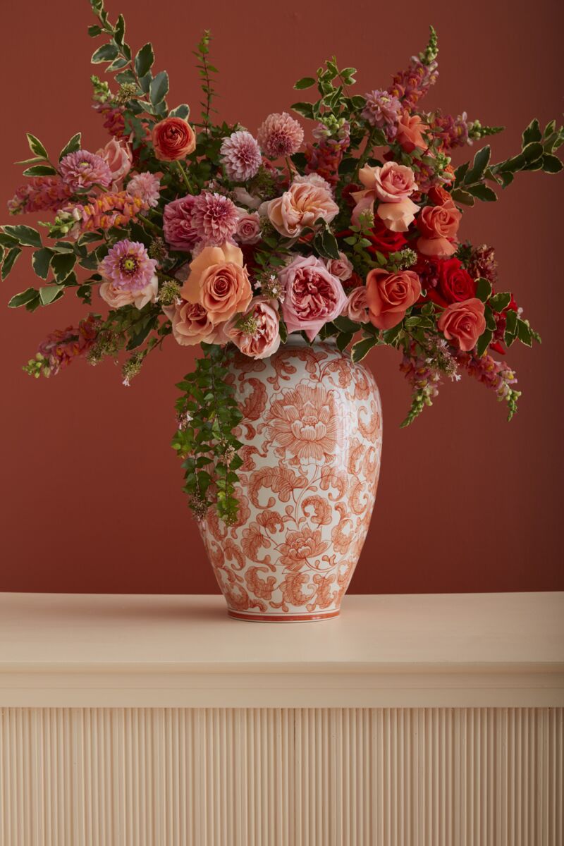 The Large Hand Painted Coral Chinoiserie Vase