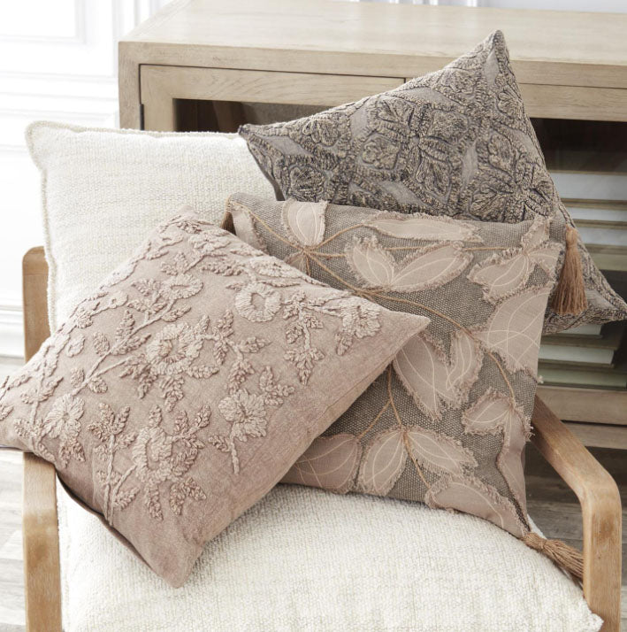 20" Grey and Taupe Pillow with Appliqued Leaves