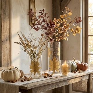 Golden Leaf Glass Cylinder Vase