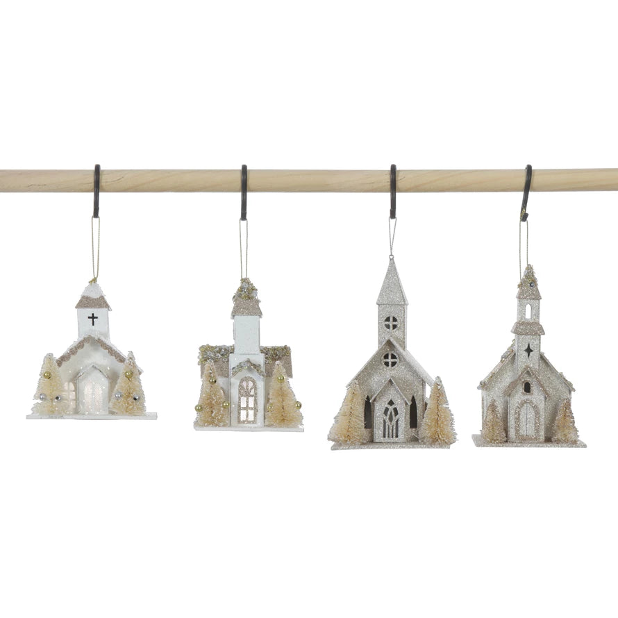 Vintage Style LED Paper Church Ornament with Sisal Trees - Choose Style