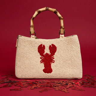 Ivory Beaded Lobster Handbag with Bamboo Handle