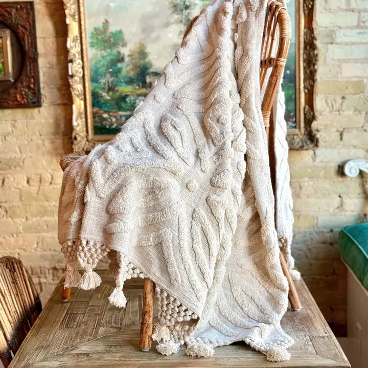 Ivory Tufted Macrame Trim Throw