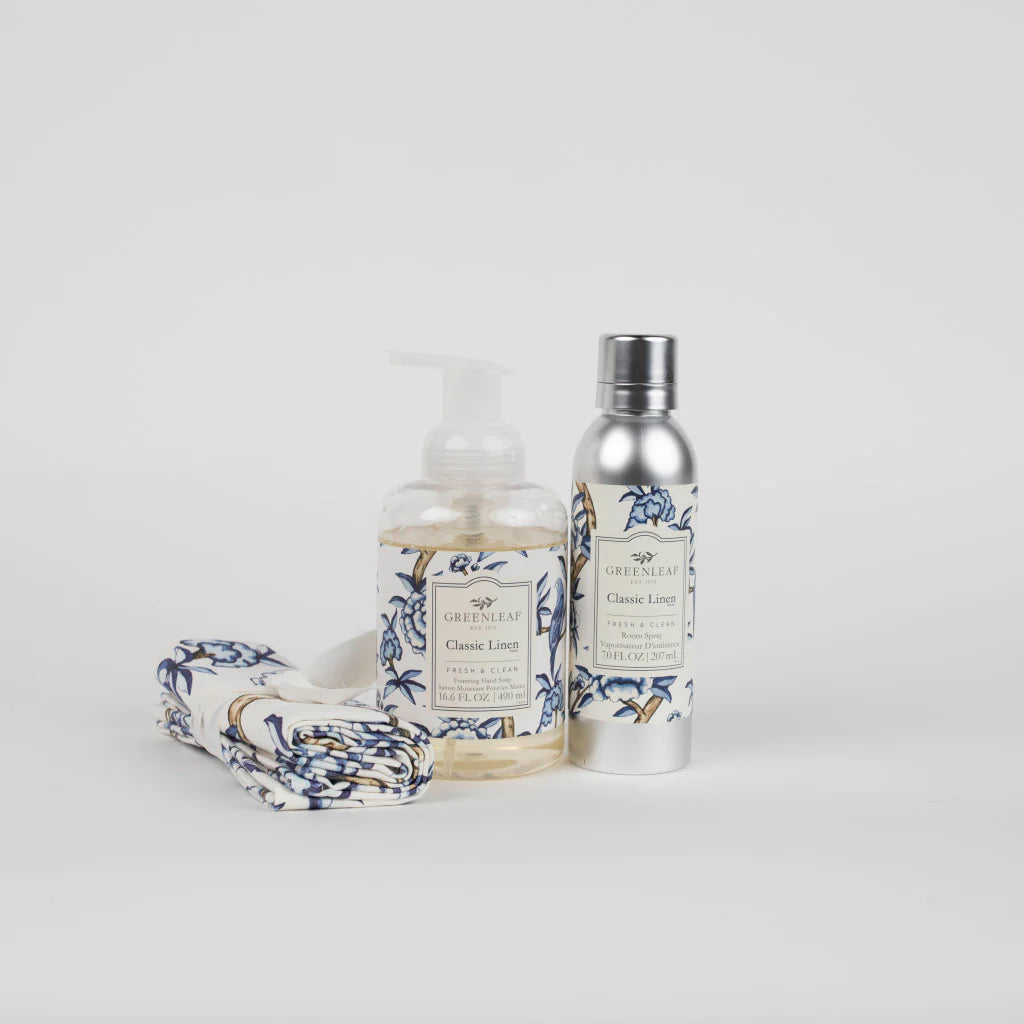Classic Linen Foaming Hand Soap, Room Spray, and Tea Towel Gift Set